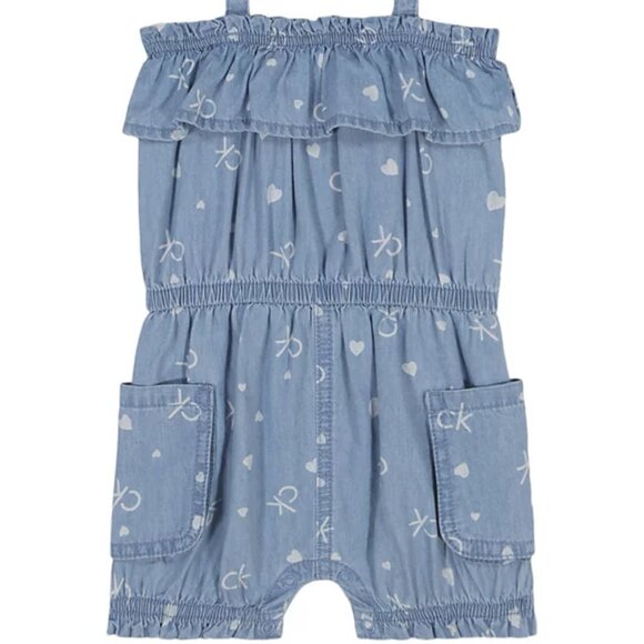 Calvin Klein Baby Girls Logo Printed Denim Romper with Patch Pockets NWT - Picture 1 of 3